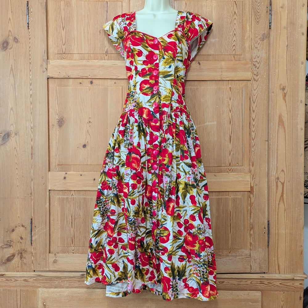 RARE VTG Jonathan Miller London Dress Large Fruity Floral Rockabilly